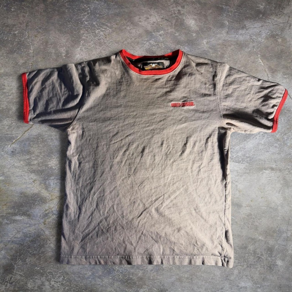 Harley-Davidson Gray Red Ringer T-Shirt American Flag Number 1 Biker Tee Mens